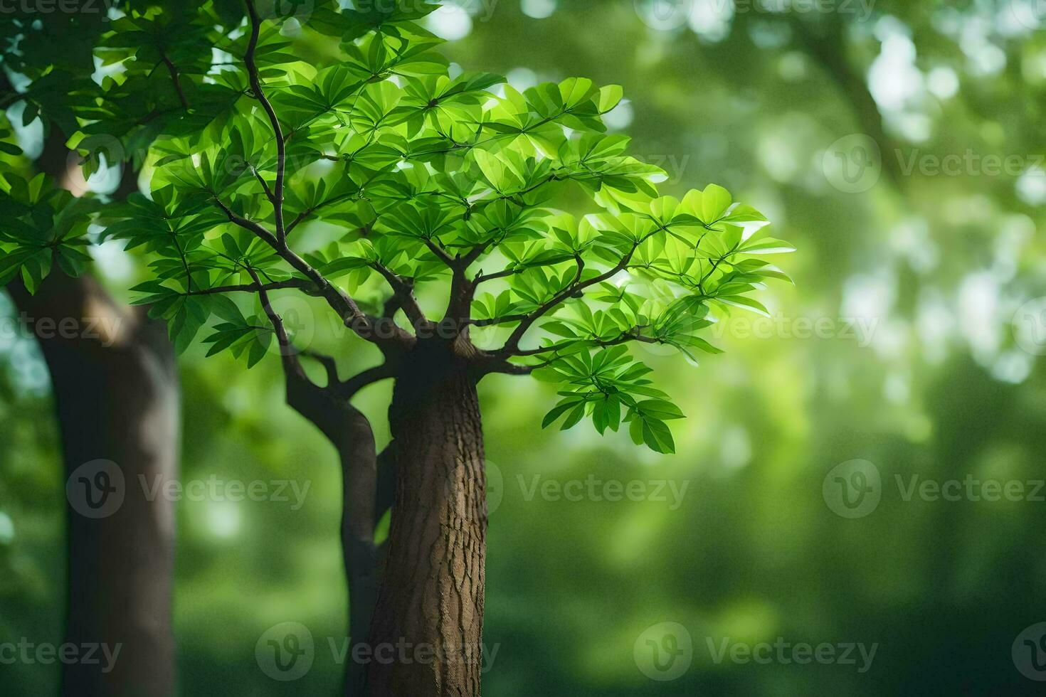 a tree with leaves in the foreground. AI-Generated photo