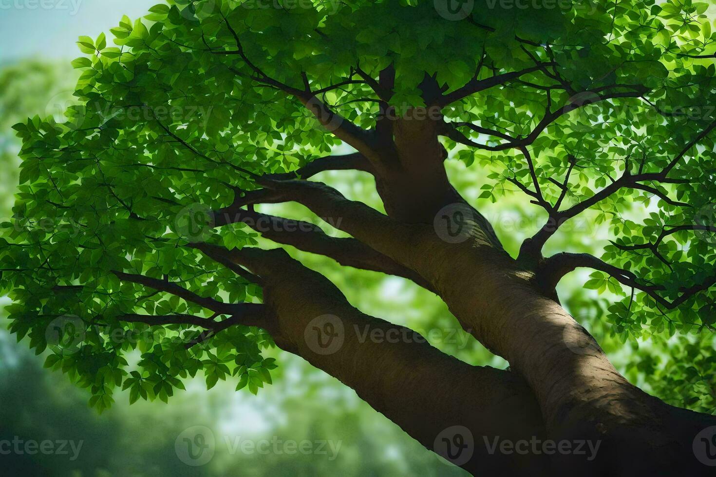 a tree with green leaves and a bright sun. AI-Generated photo