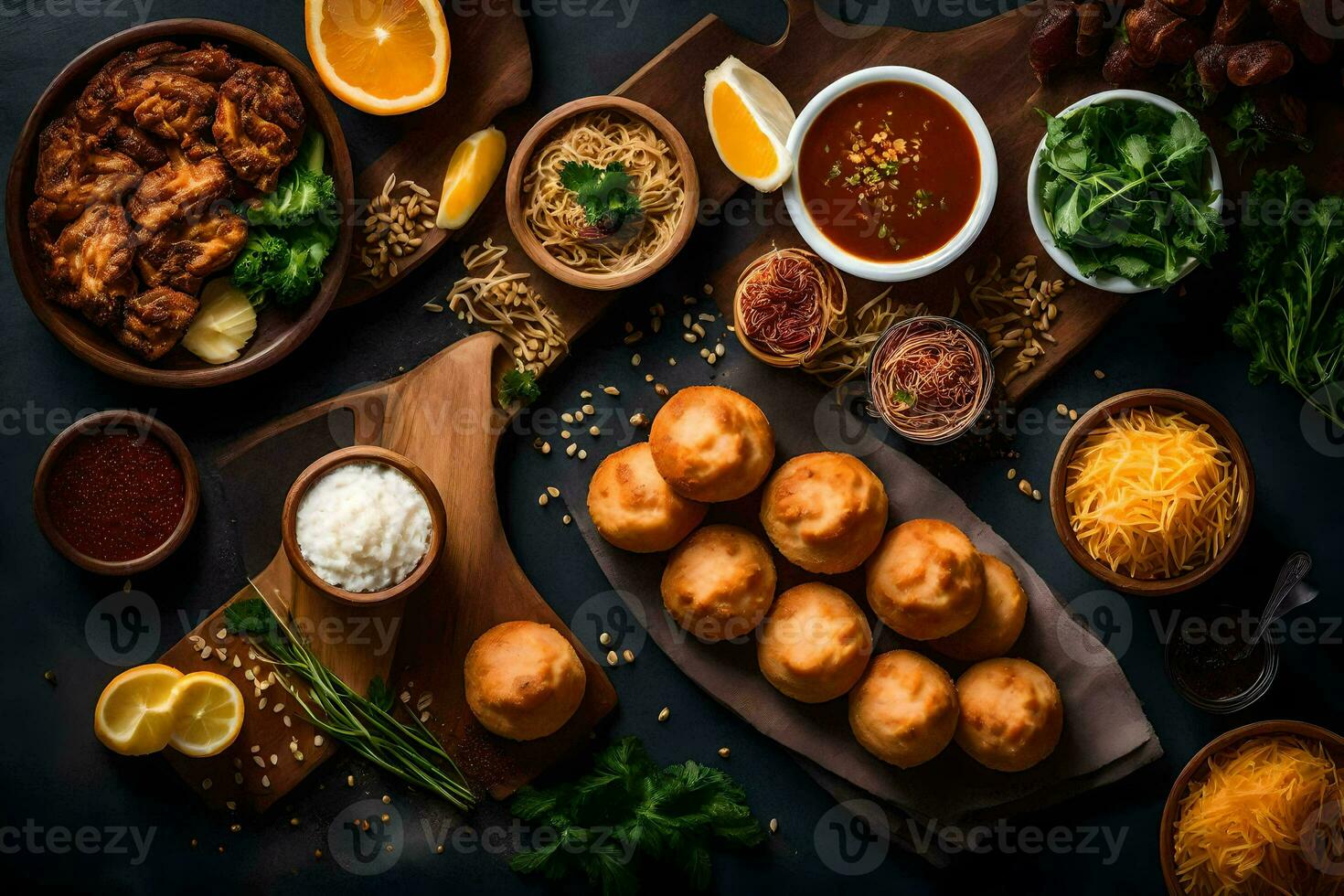 a variety of food is arranged on a table. AI-Generated photo