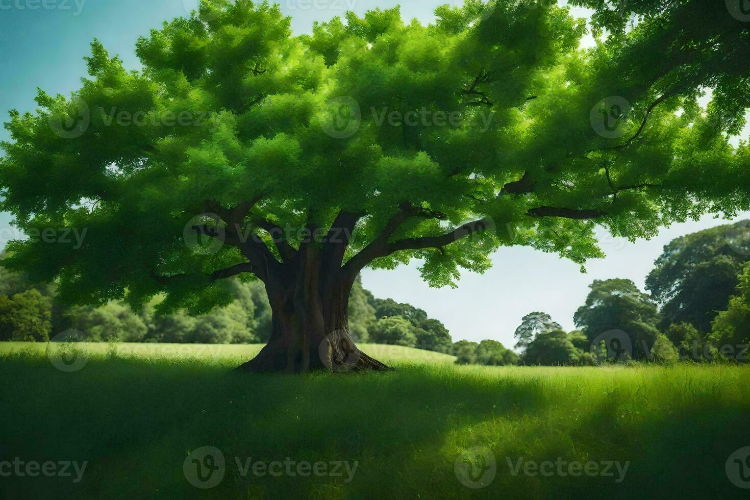 a large tree in the middle of a field. AI-Generated photo