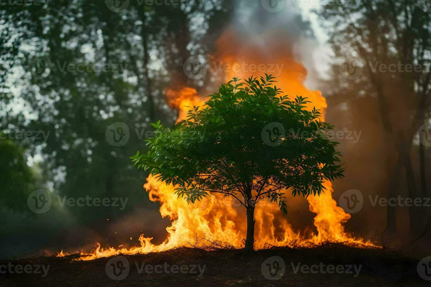 a tree is burning in the middle of a field. AI-Generated photo