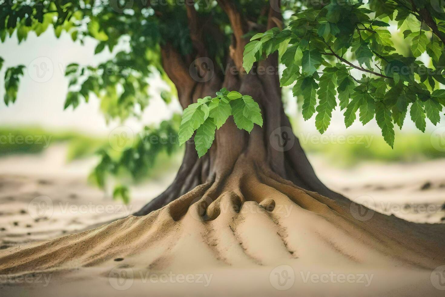 a tree with roots growing out of the sand. AI-Generated photo