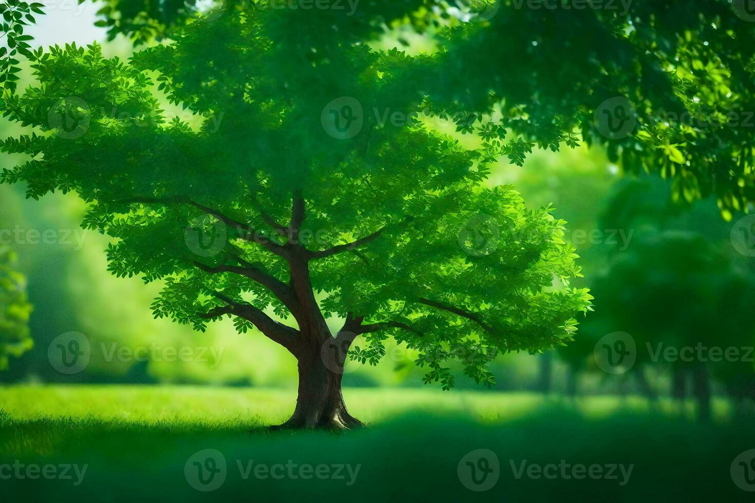 a tree is standing in the middle of a green field. AI-Generated photo