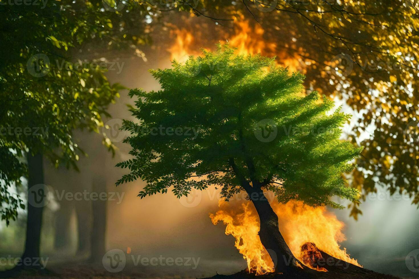 a tree is burning in the forest. AI-Generated photo