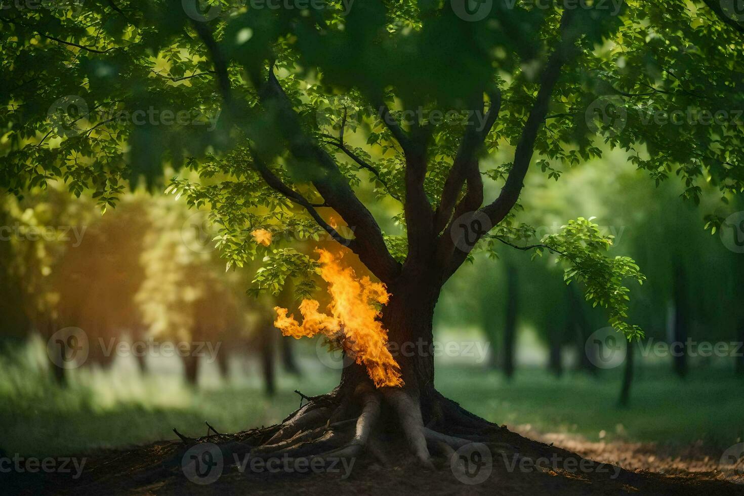 a tree with flames coming out of it. AI-Generated photo