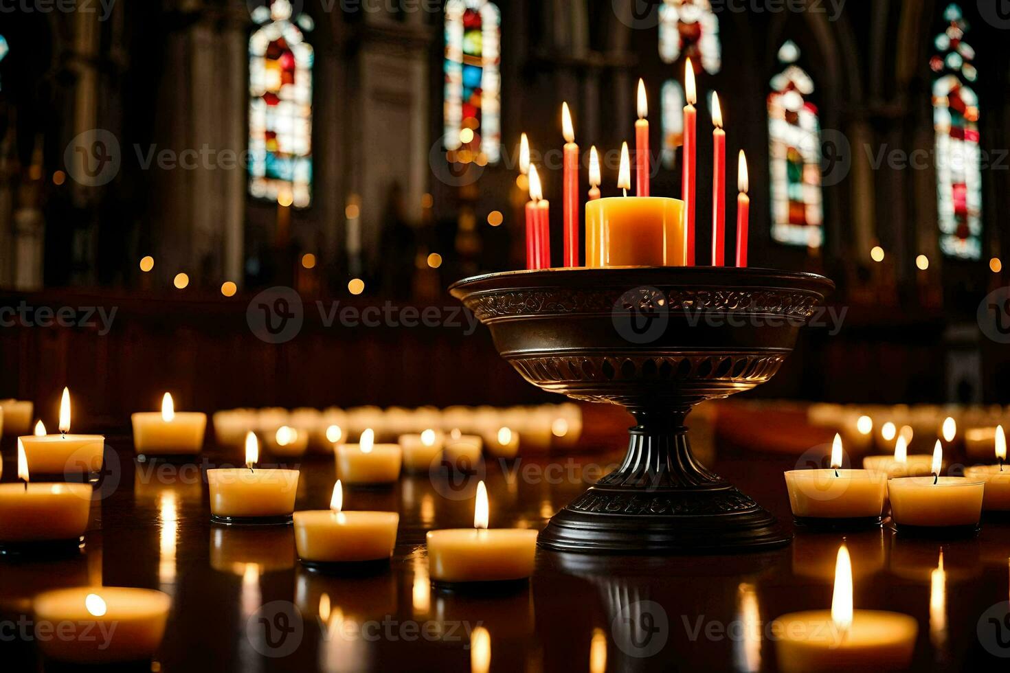 candles are lit in front of a church. AI-Generated photo
