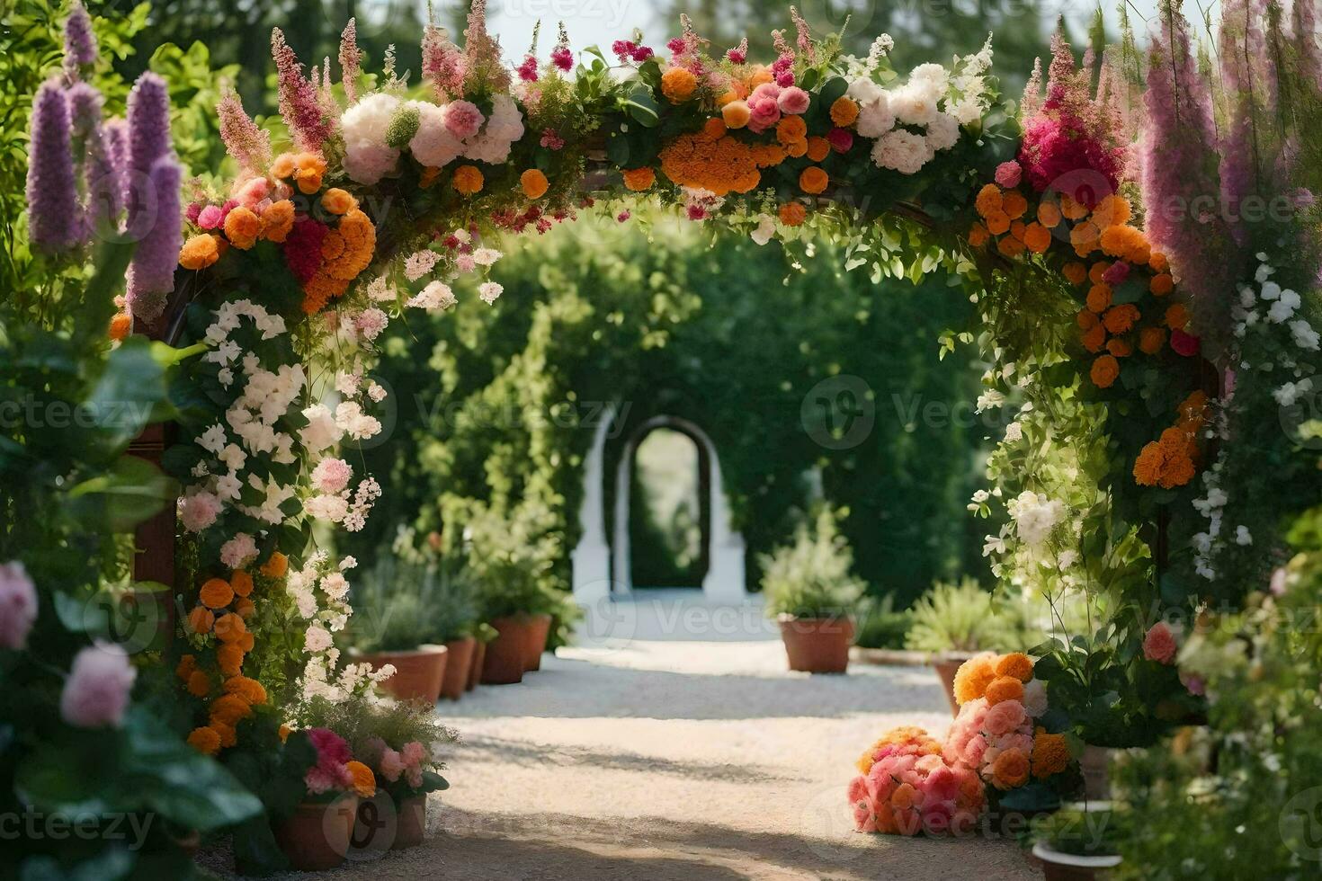 an archway with flowers and plants in the garden. AI-Generated photo