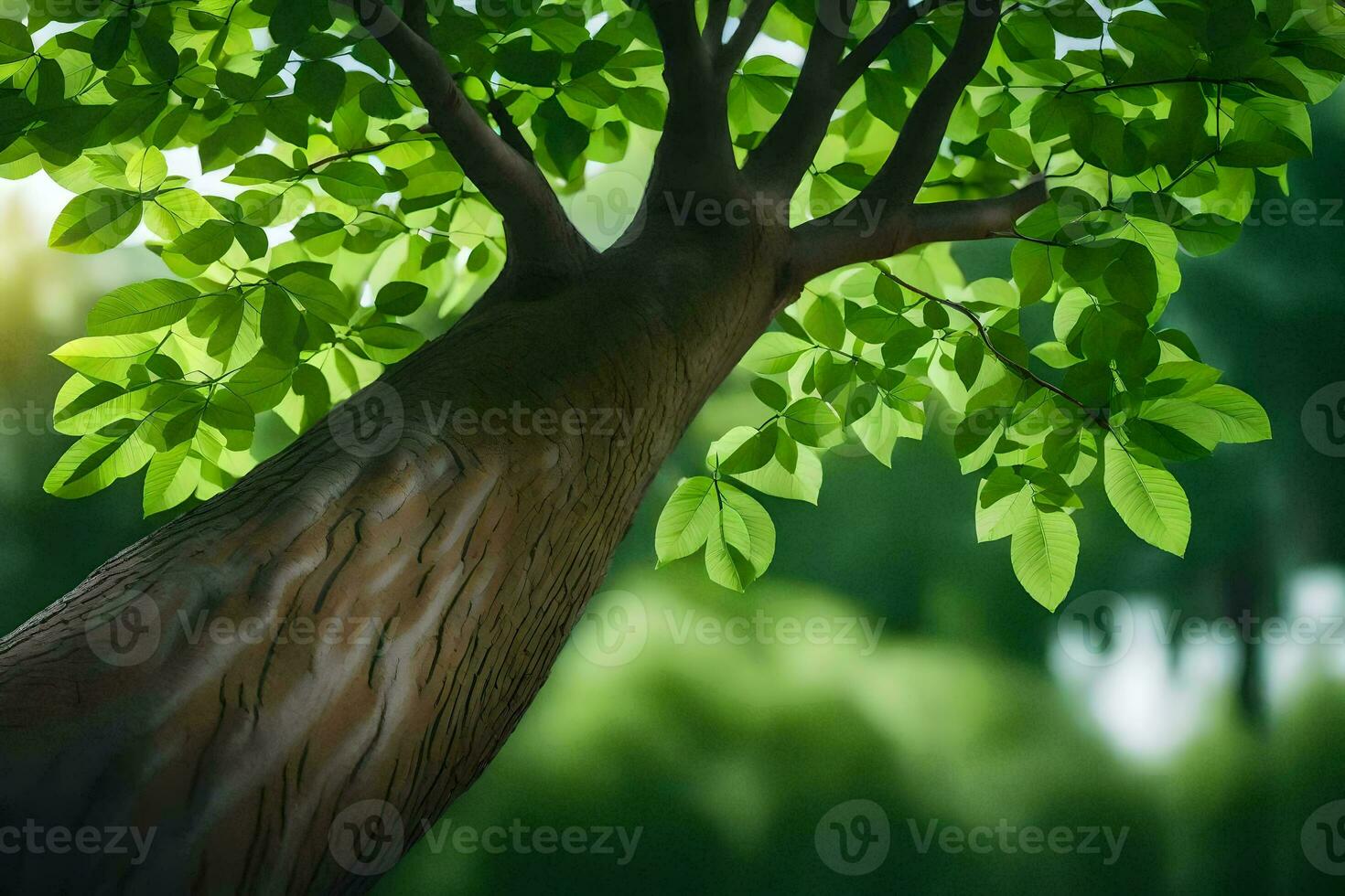 a tree with leaves and sunlight in the background. AI-Generated photo