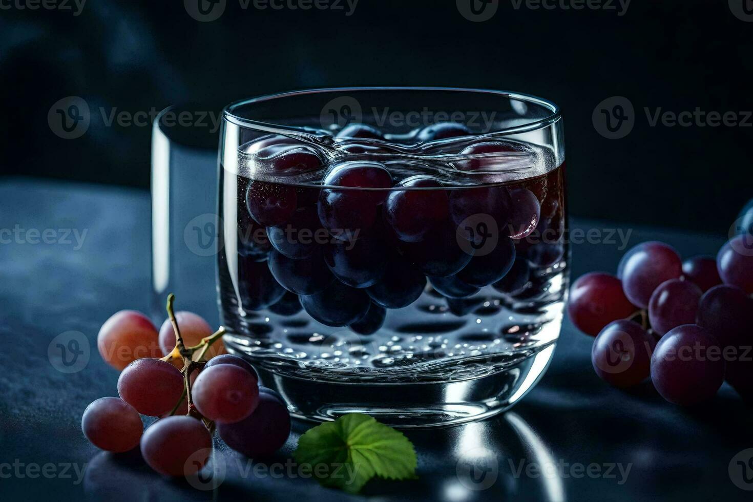 un vaso de agua con uvas en un oscuro antecedentes. generado por ai foto
