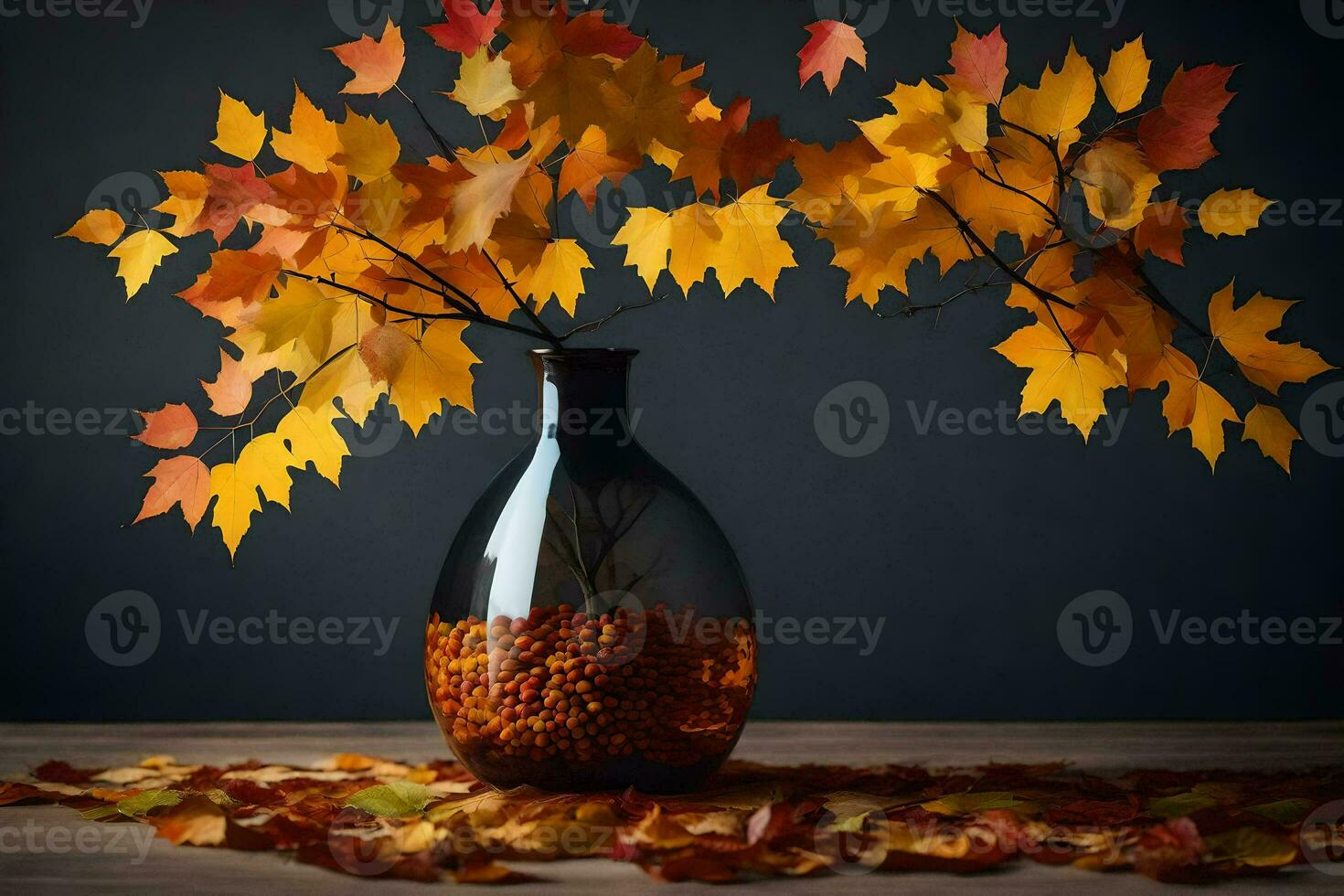 a vase filled with autumn leaves and a branch. AI-Generated photo