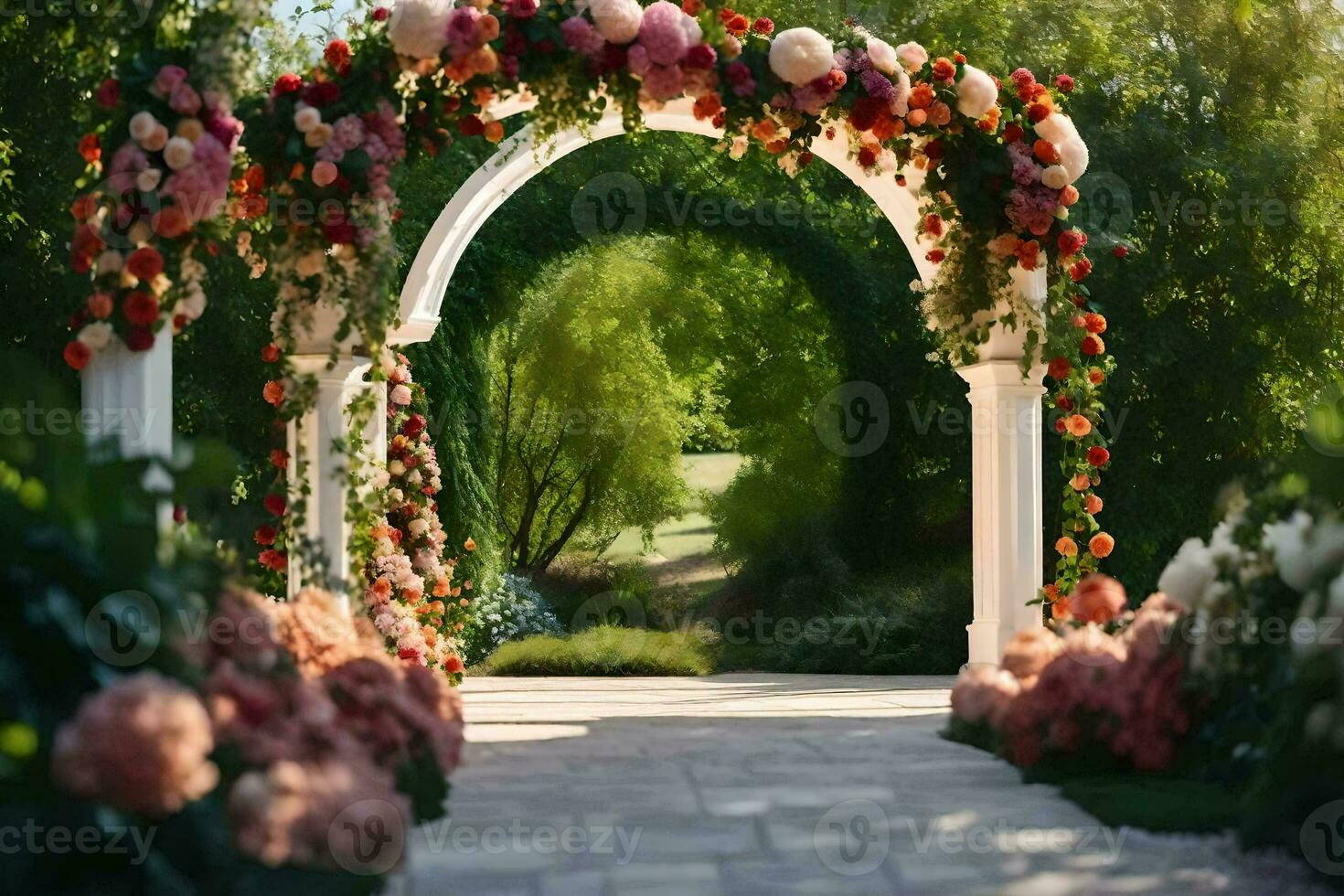 an archway with flowers and greenery in the background. AI-Generated photo