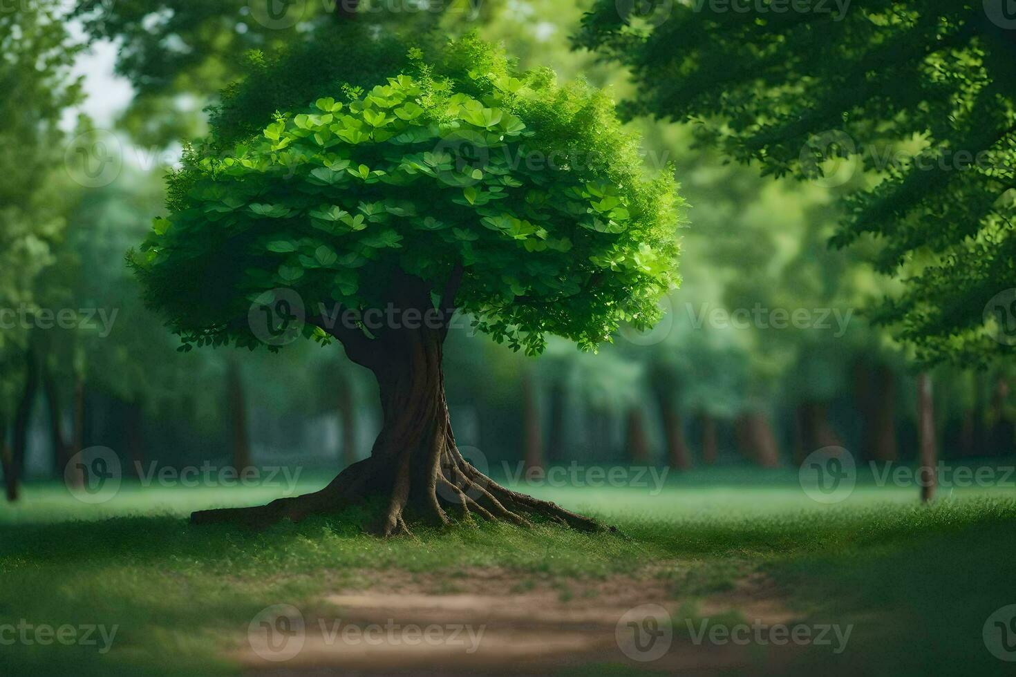 a tree in the middle of a green forest. AI-Generated photo