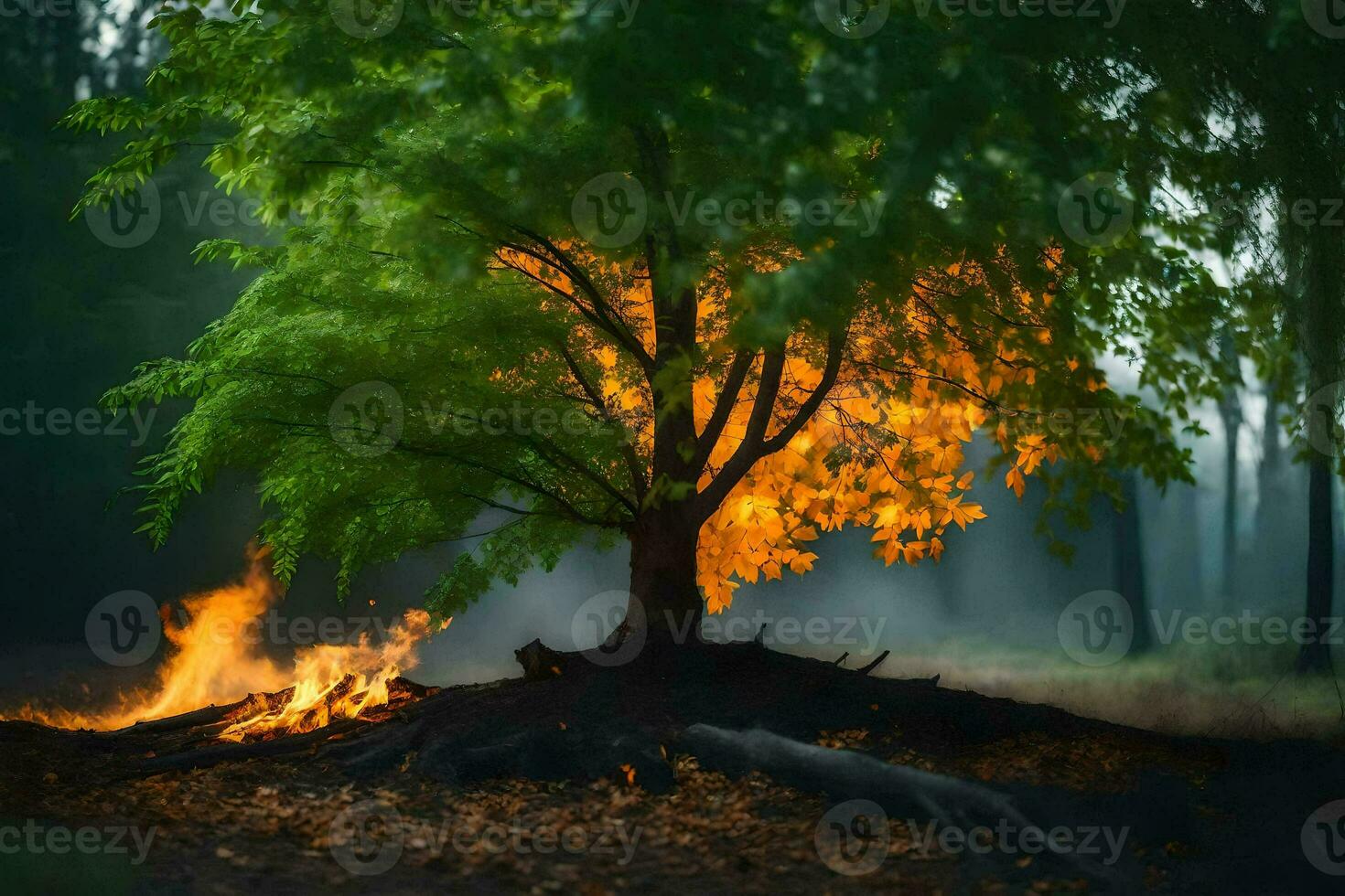 a tree with flames coming out of it in the middle of a forest. AI-Generated photo