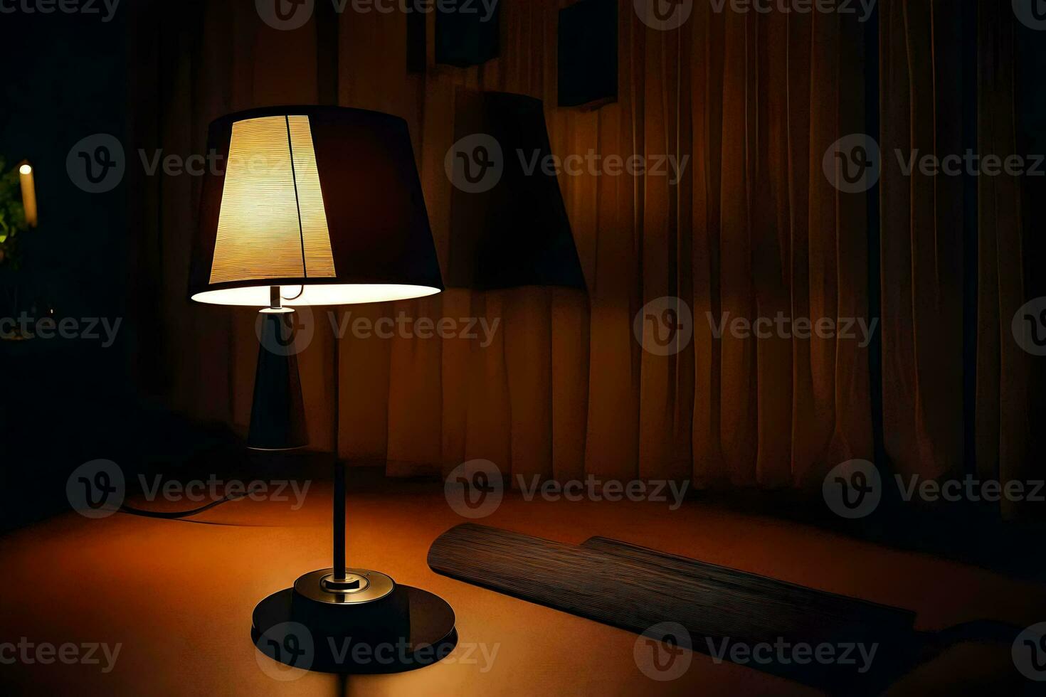 a lamp is lit in the dark room. AI-Generated photo