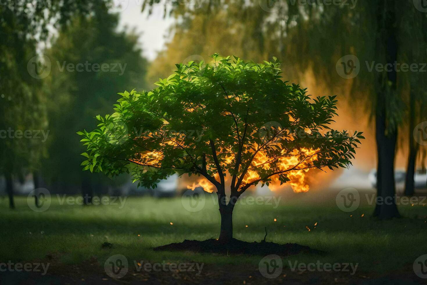 a tree with fire coming out of it in the middle of the night. AI-Generated photo