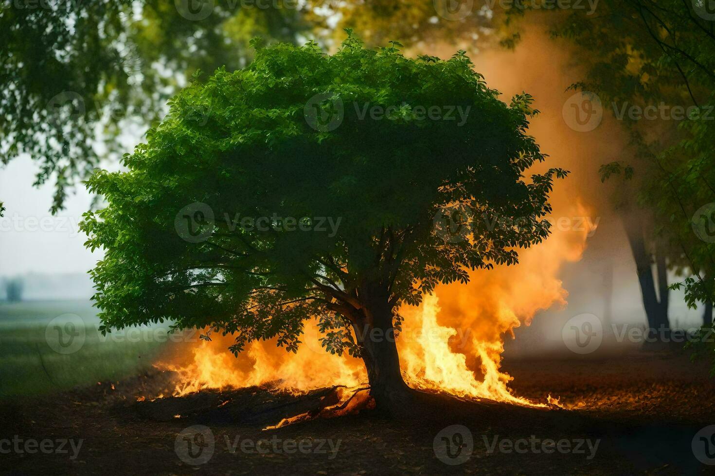 a tree is burning in the middle of a field. AI-Generated photo
