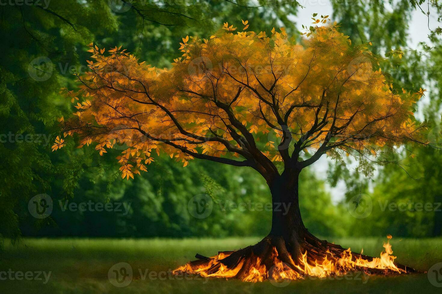 a tree with flames on it in the middle of a field. AI-Generated photo