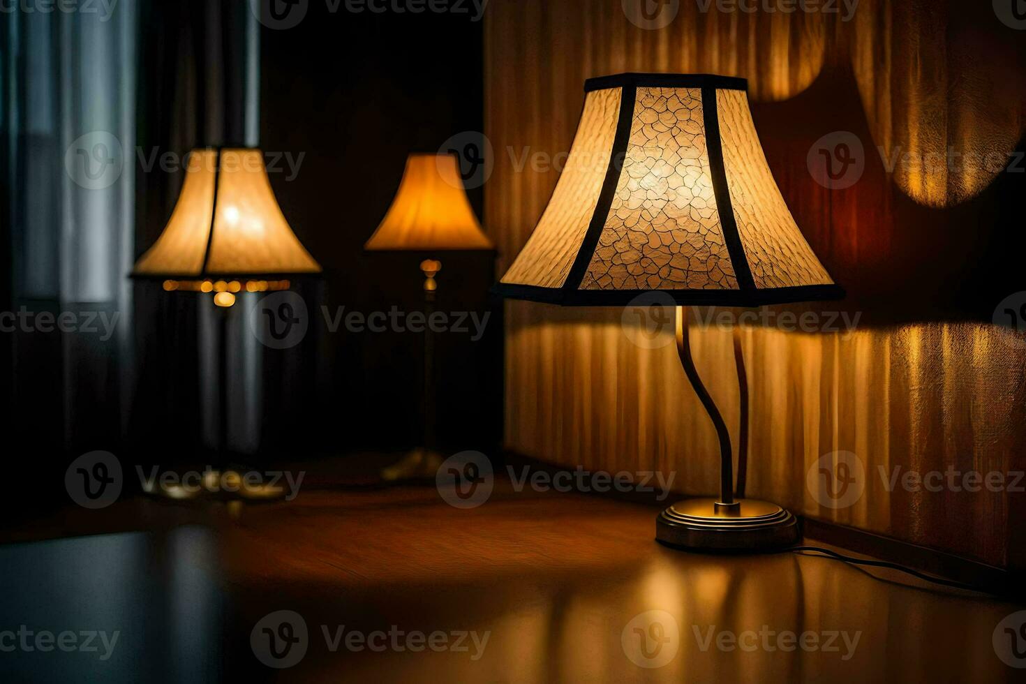 a lamp is sitting on a table in front of a wall. AI-Generated photo