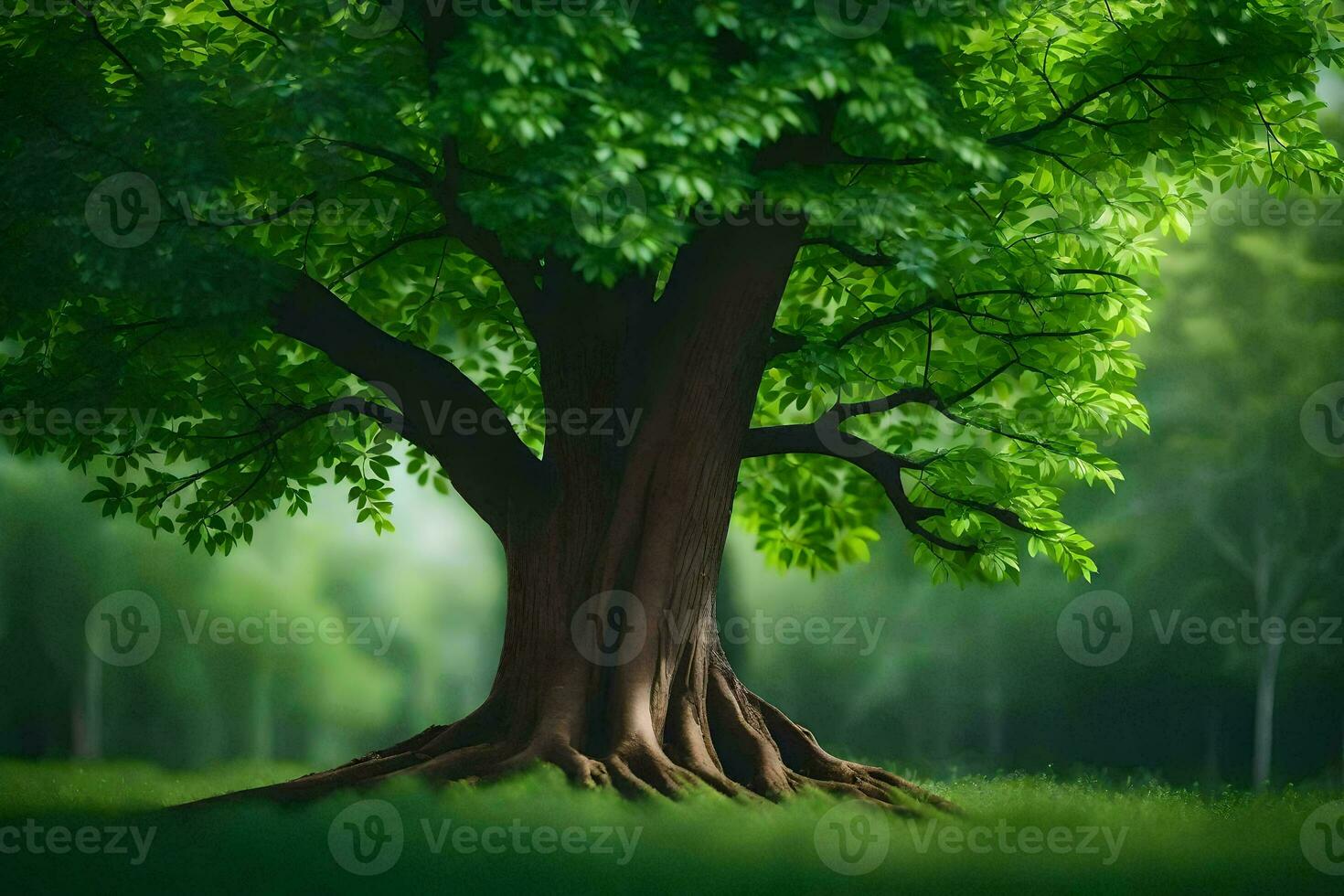 a tree with roots in the middle of a green field. AI-Generated photo