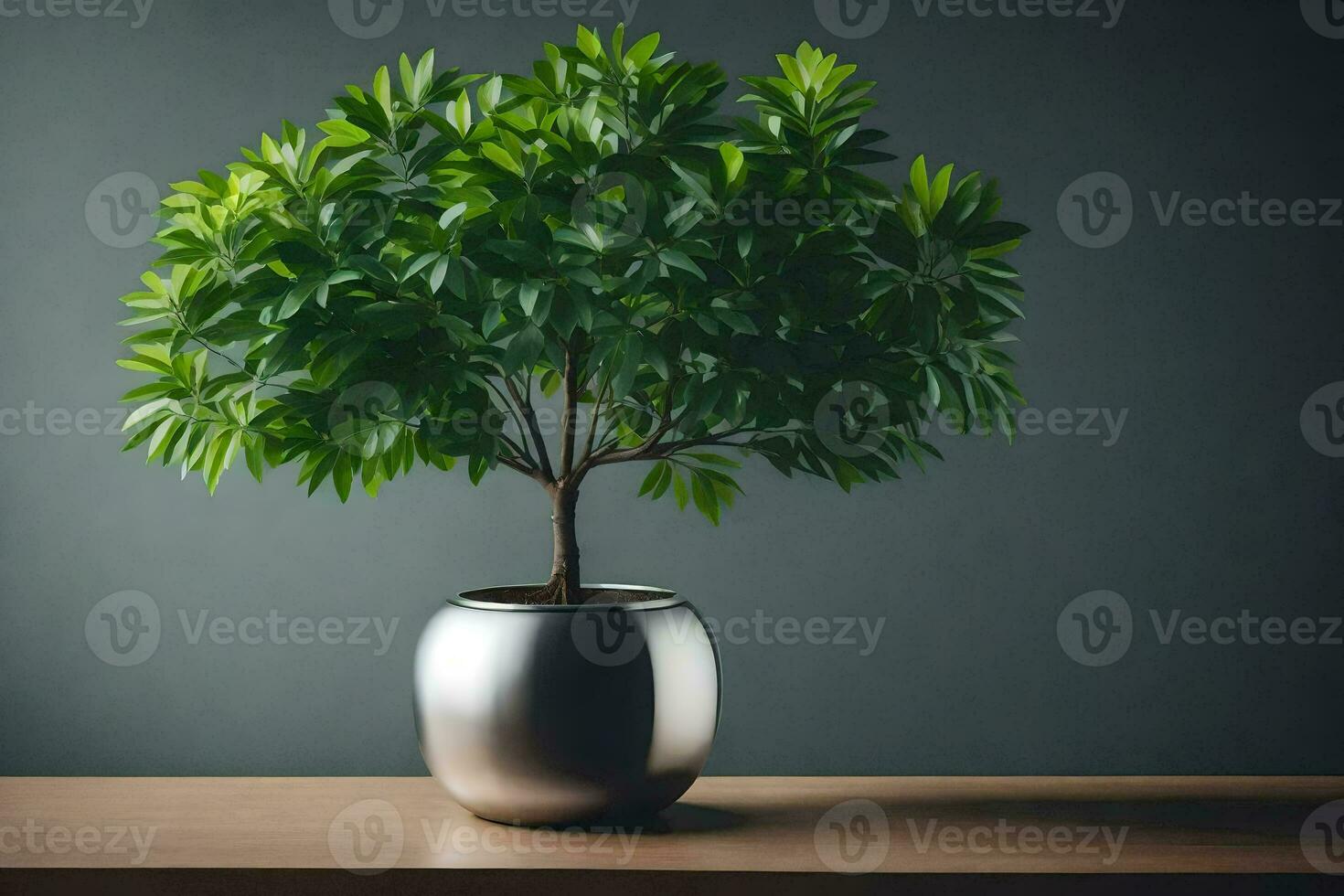 a potted plant in a metal vase on a table. AI-Generated photo