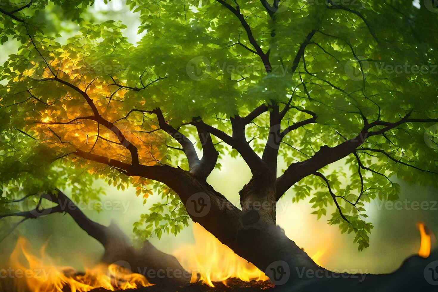 a tree with flames coming from it. AI-Generated photo