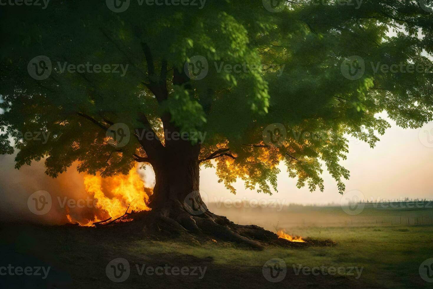 a tree is burning in the field. AI-Generated photo