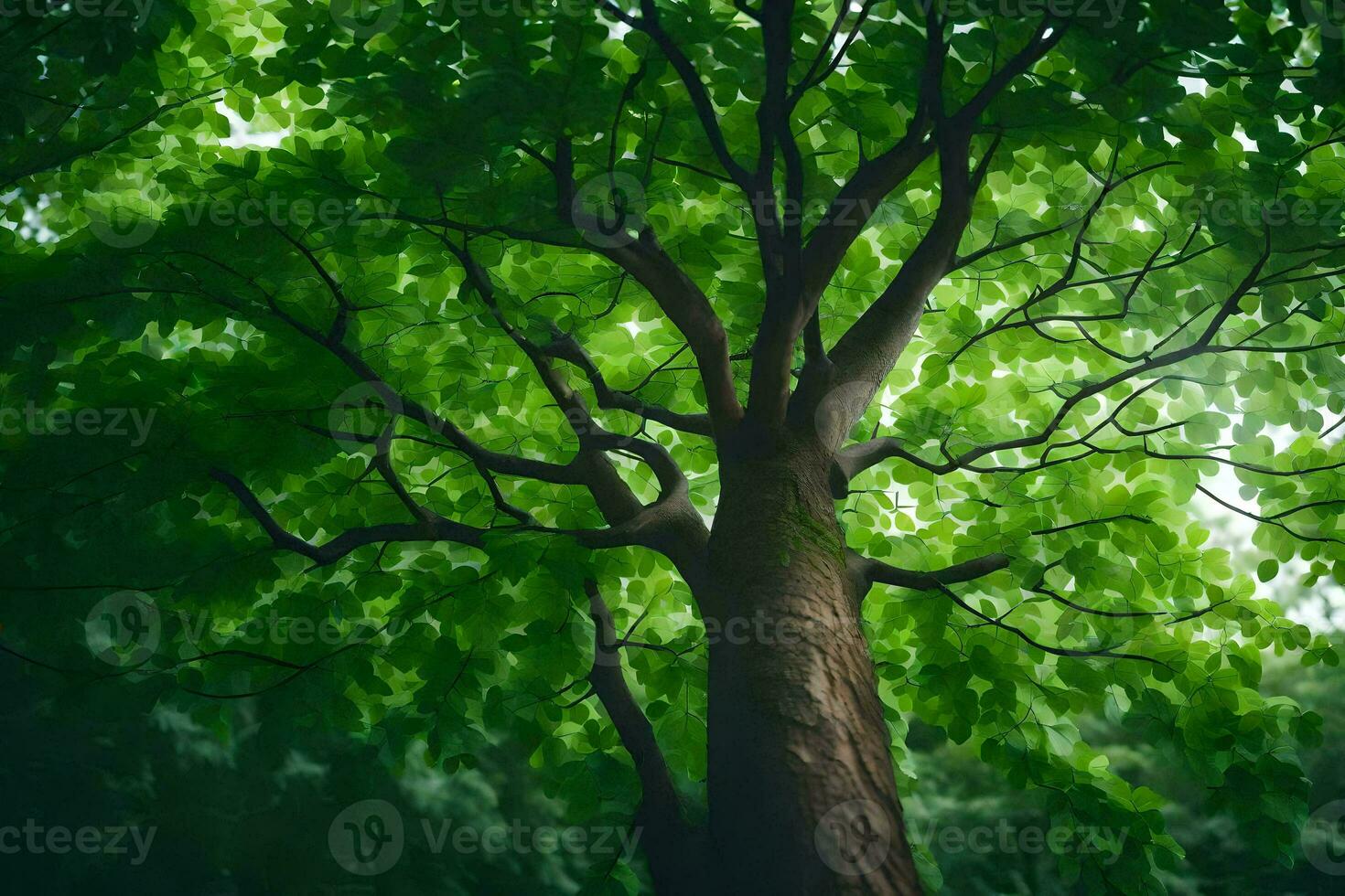 a tree in the forest with green leaves. AI-Generated photo