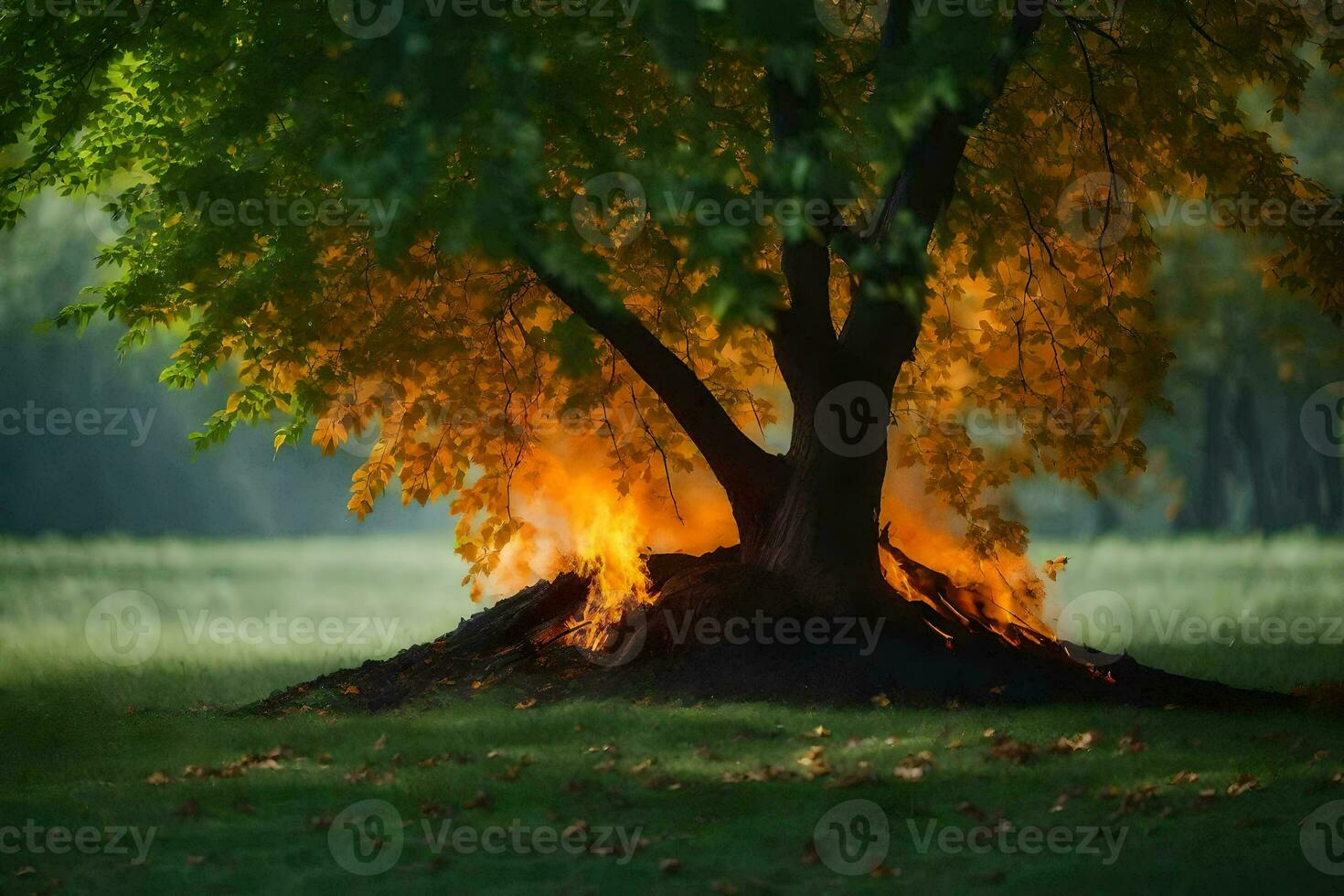 a tree with flames coming out of it in the middle of the field. AI-Generated photo