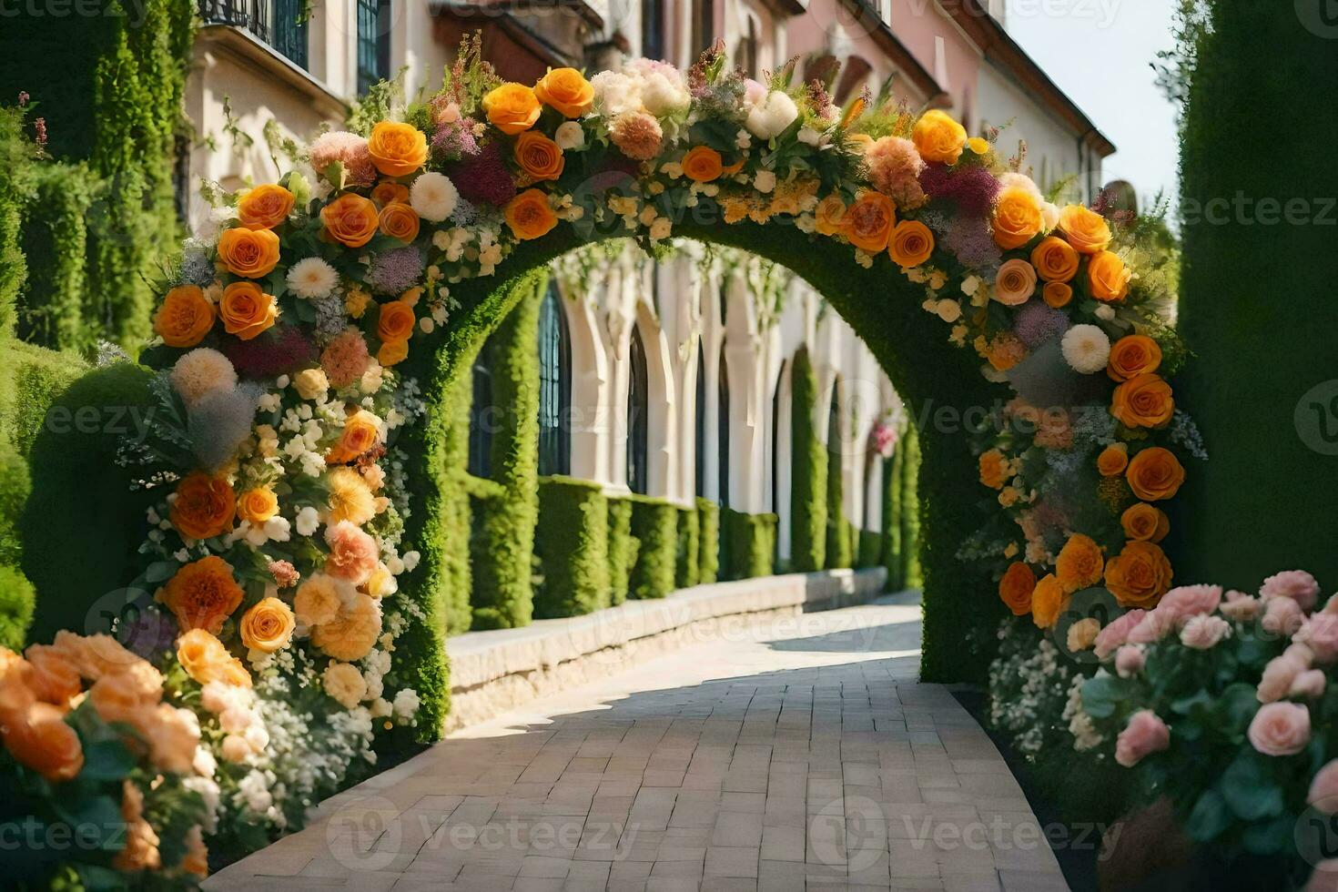 a walkway with flowers and archway. AI-Generated photo