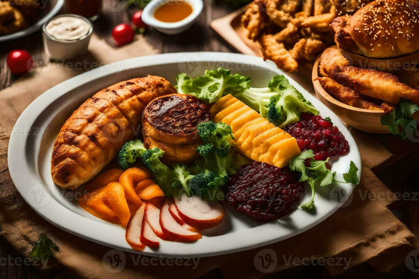 a plate of food with meat, vegetables and other items. AI-Generated photo