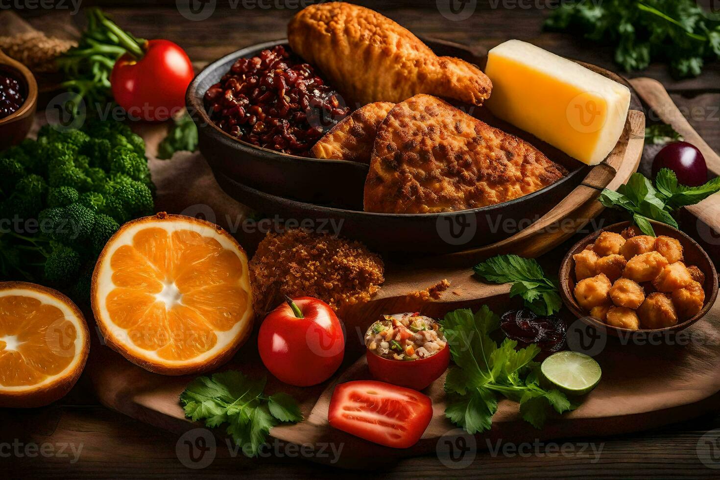 a variety of food on a wooden table. AI-Generated photo