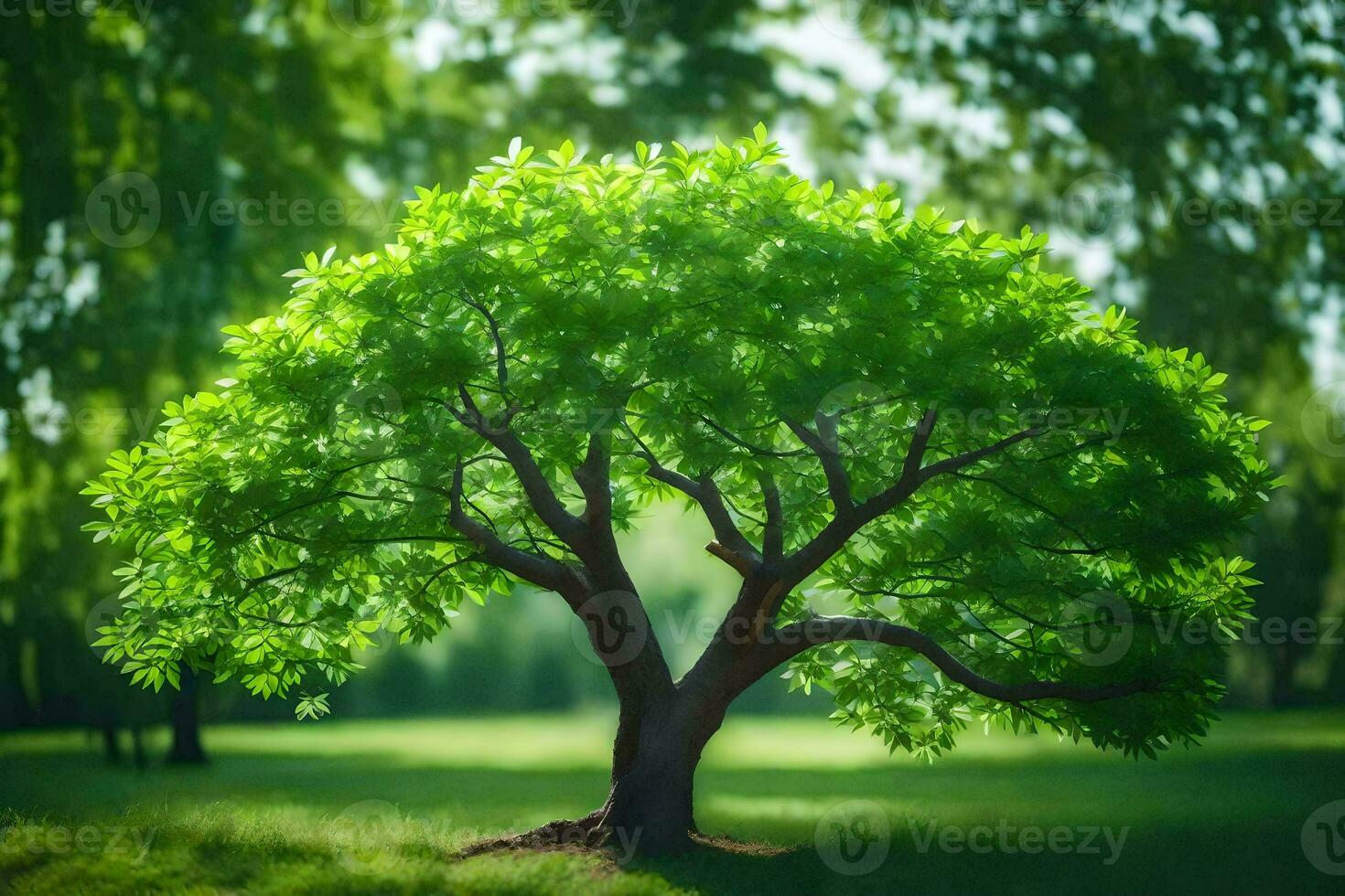 a tree in the middle of a green field. AI-Generated photo