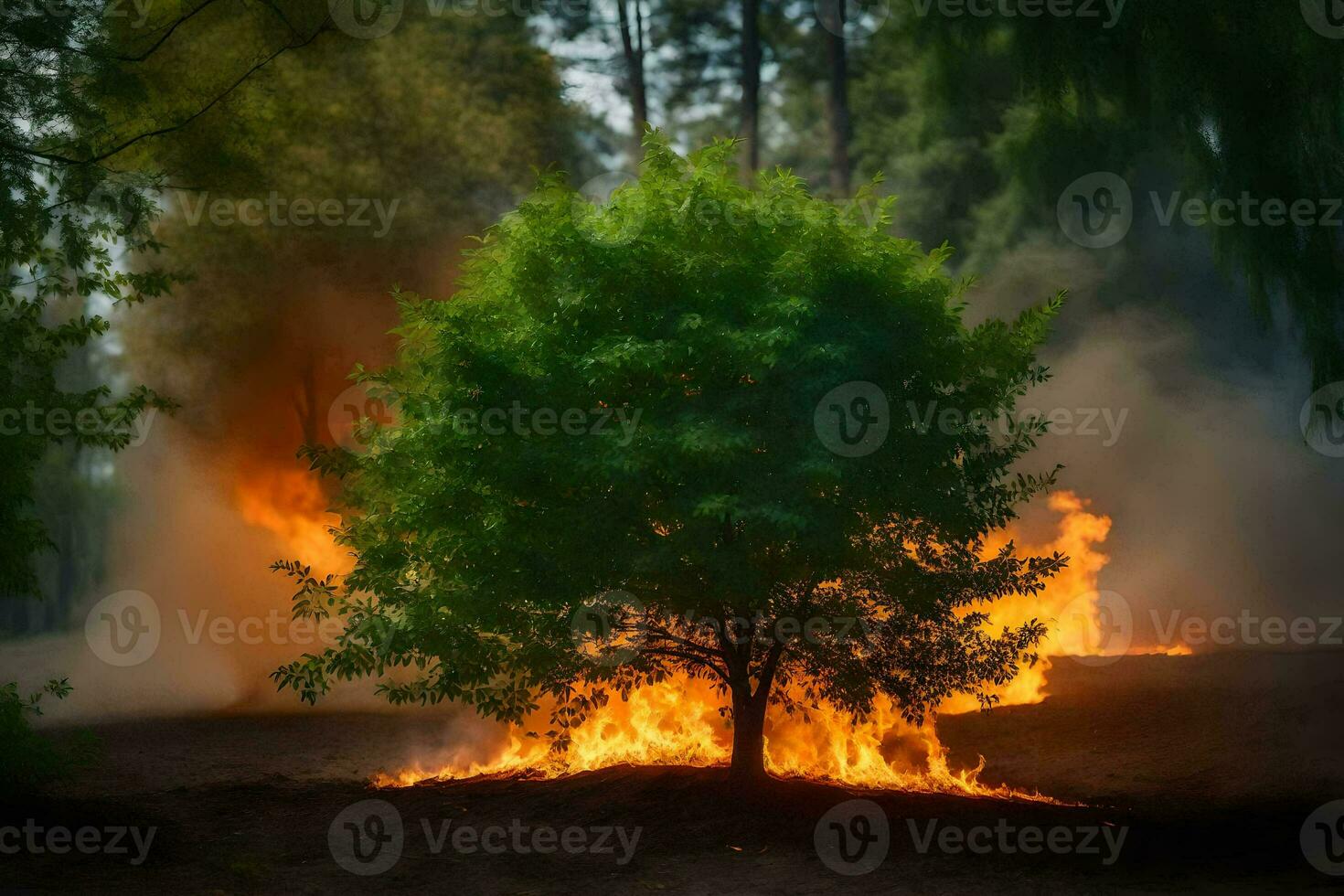 a tree is burning in the middle of a field. AI-Generated photo