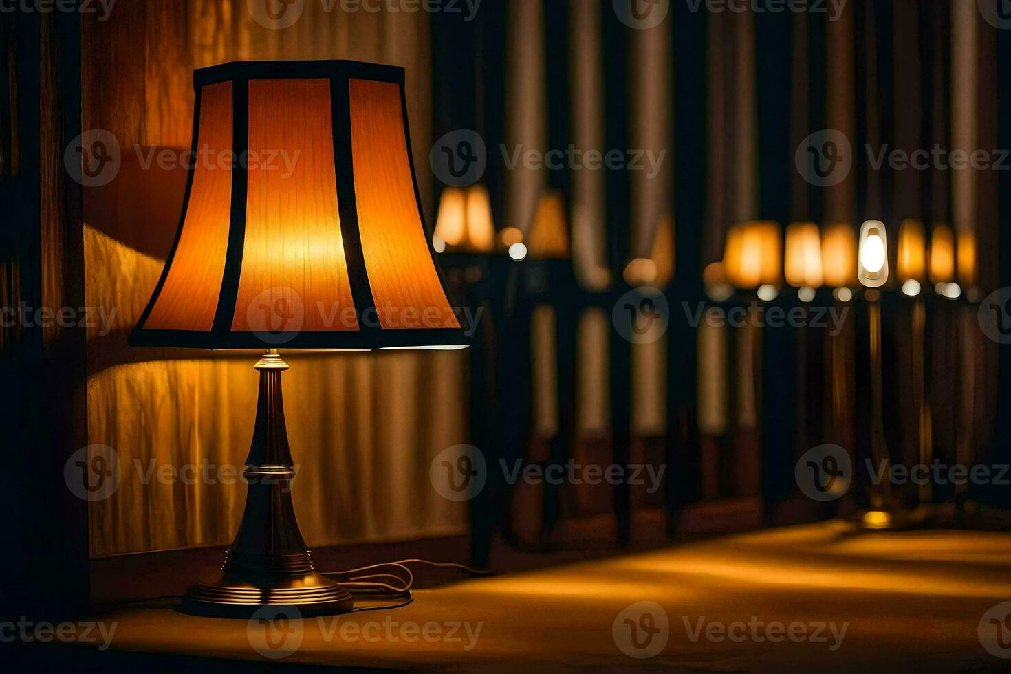 a lamp is sitting on a table in front of a wall. AI-Generated photo