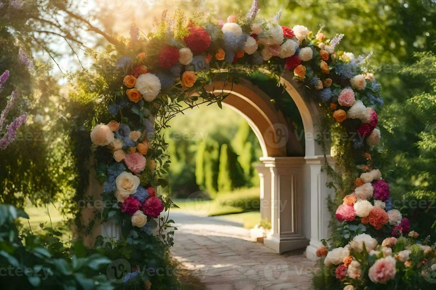 an archway with flowers and greenery. AI-Generated photo