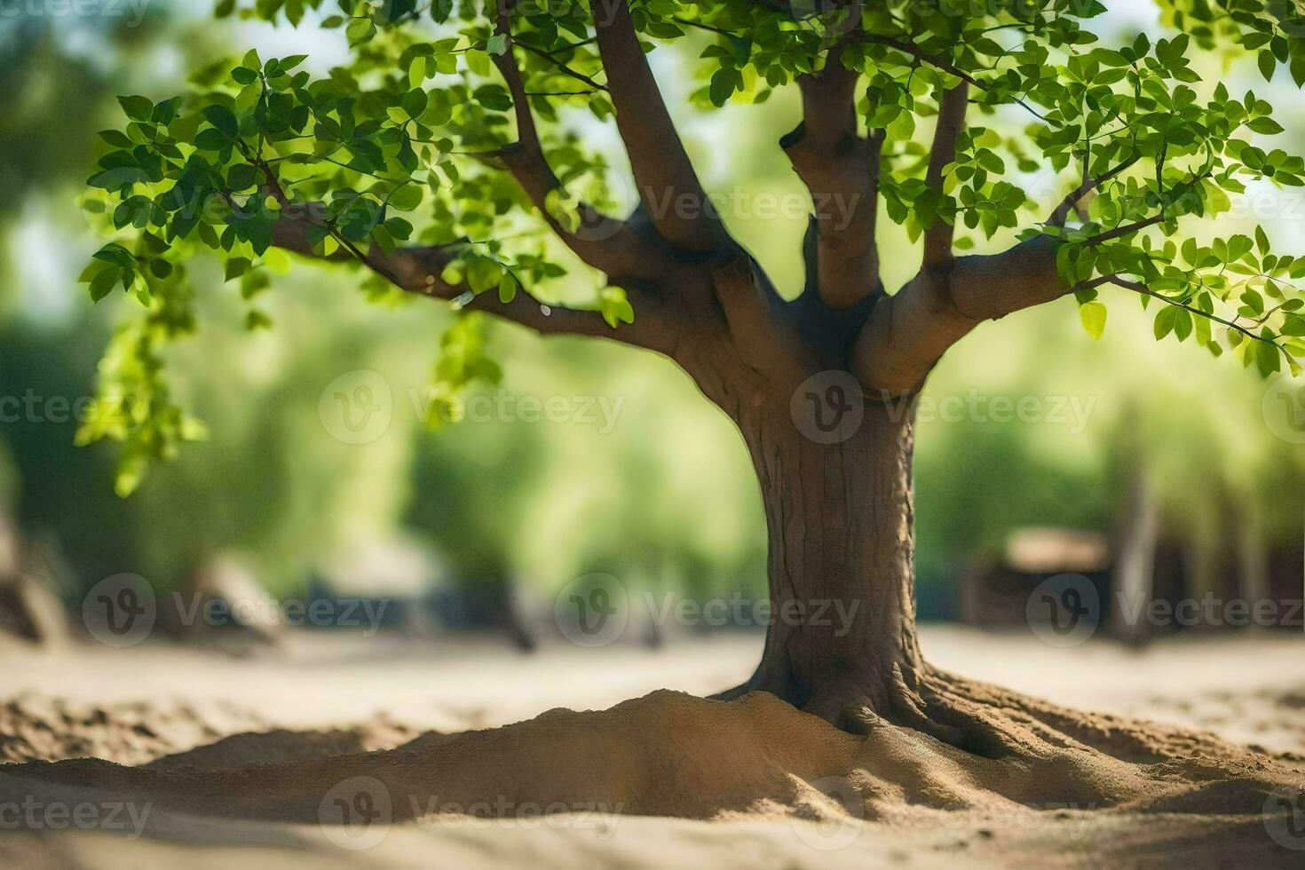 a tree in the sand with a blurry background. AI-Generated photo