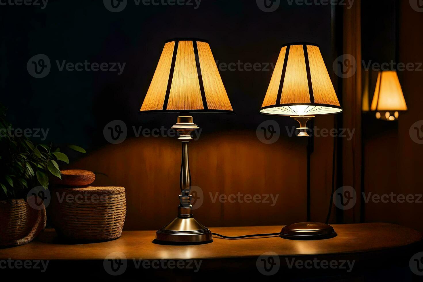 two lamps on a table in a dark room. AI-Generated photo