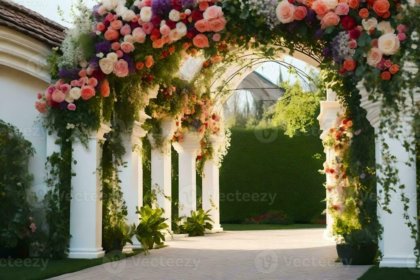 a walkway with flowers and archway leading to a house. AI-Generated photo