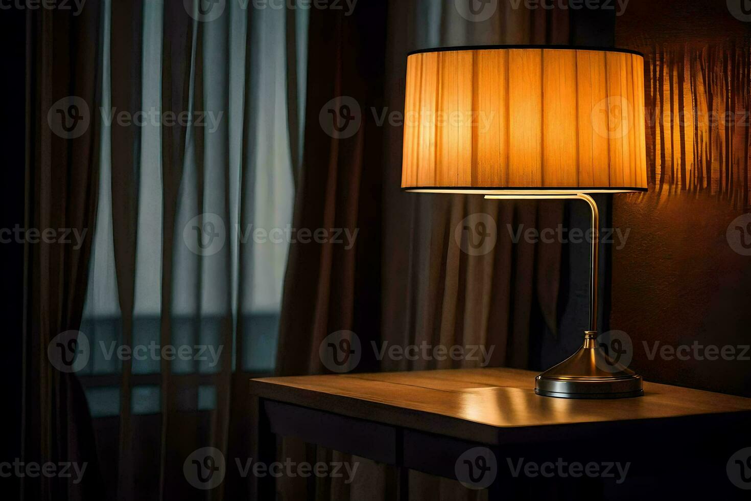a lamp is on a table in front of curtains. AI-Generated photo