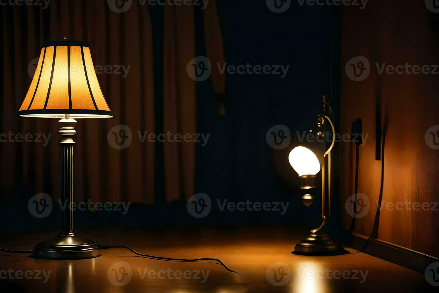 two lamps are sitting on a wooden floor. AI-Generated photo