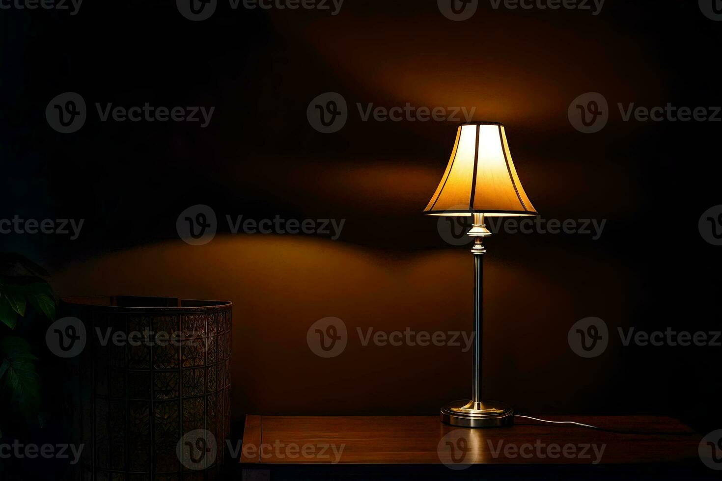 a lamp on a table in the dark. AI-Generated photo