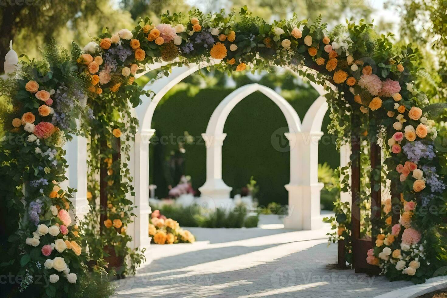 an archway decorated with flowers and greenery. AI-Generated photo