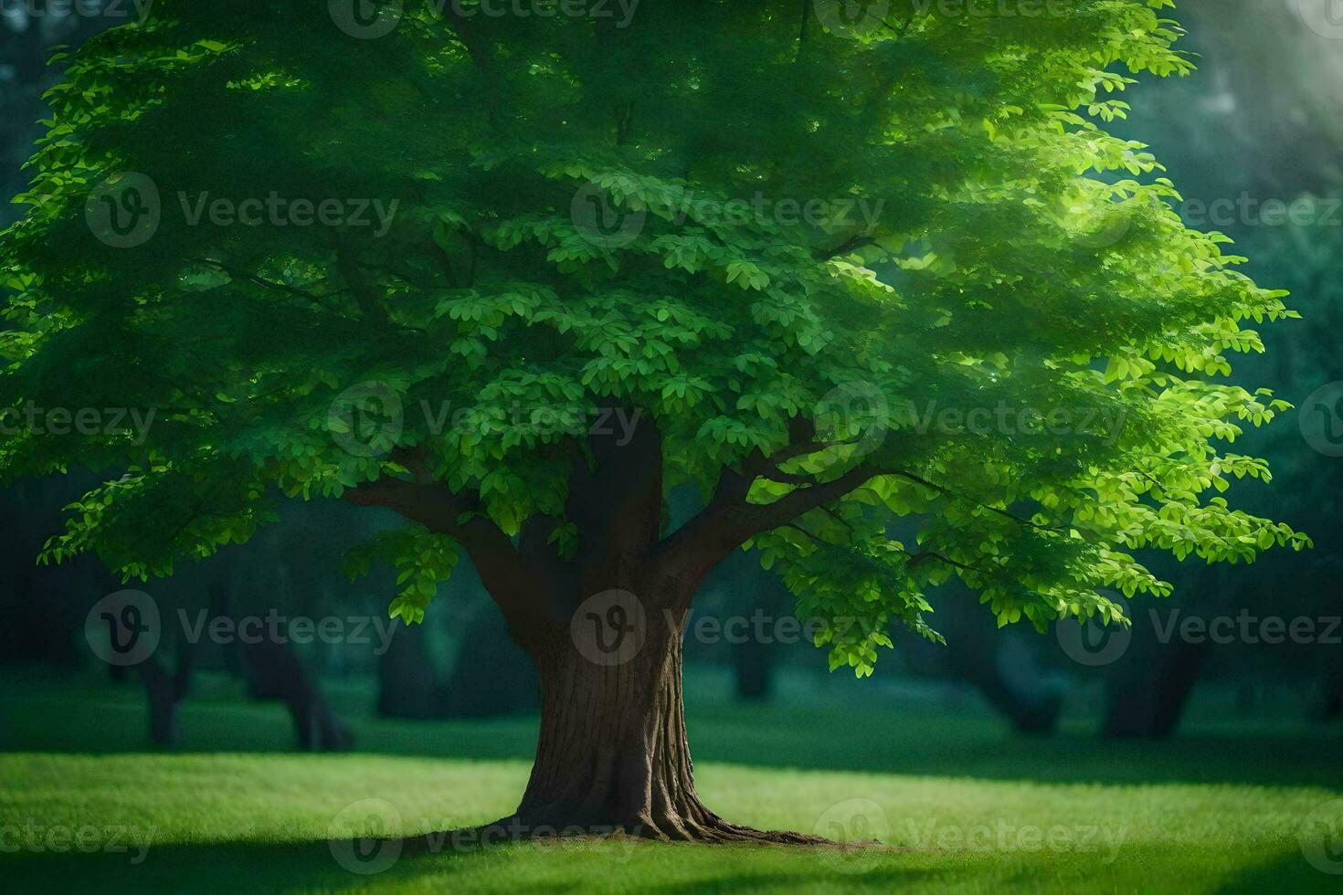 a tree is shown in the middle of a green field. AI-Generated photo