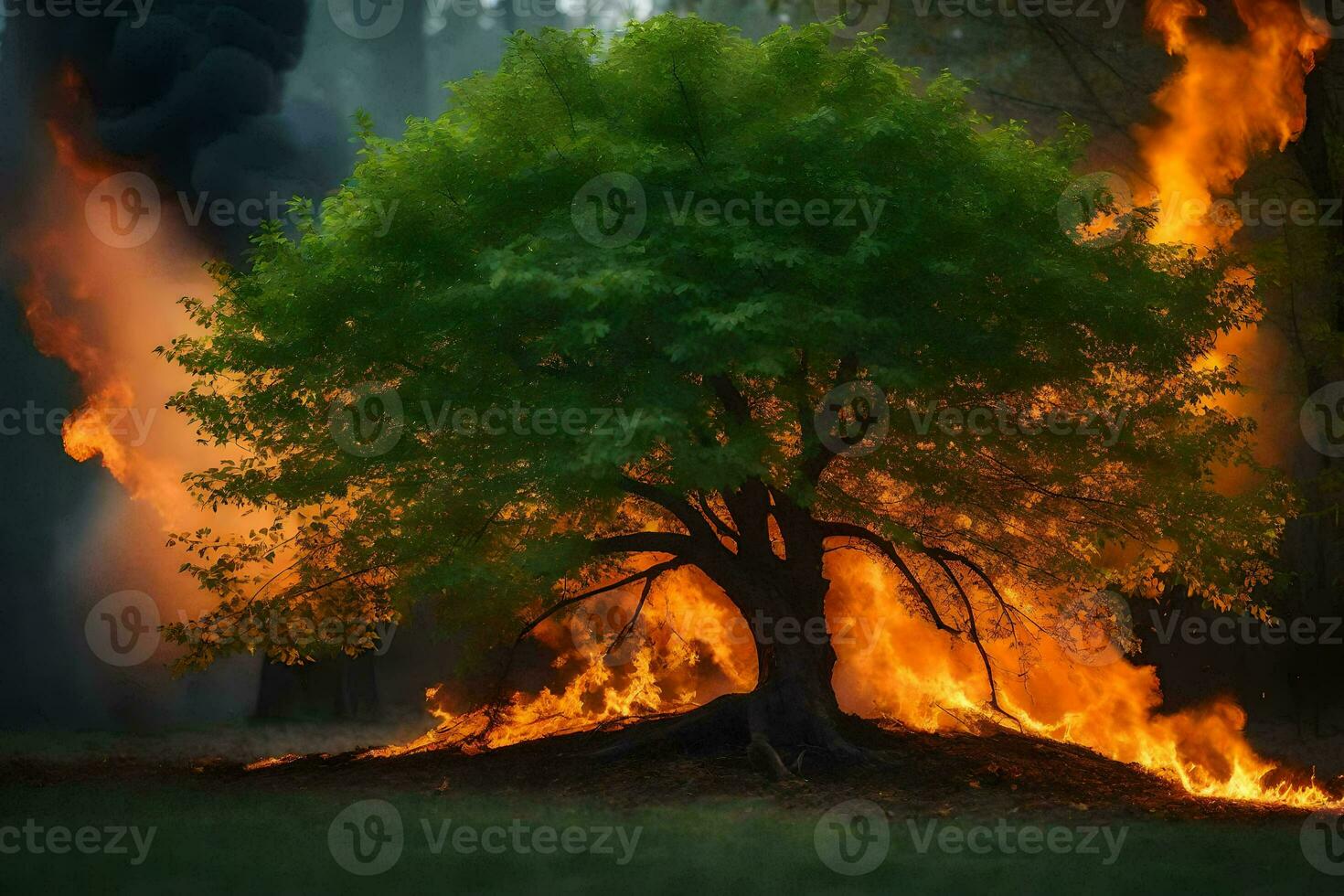 a tree is burning in the middle of a field. AI-Generated photo