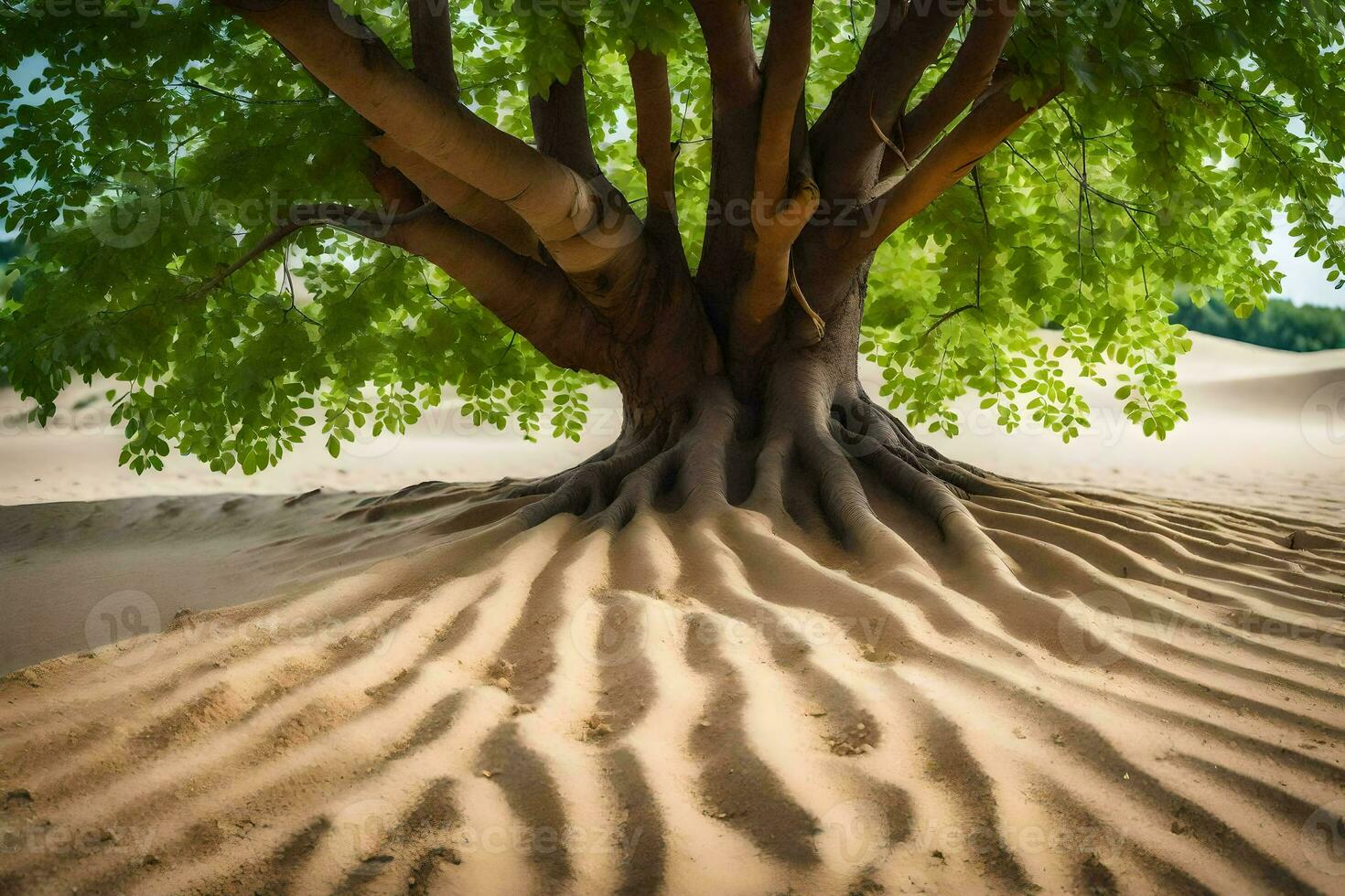 a tree with roots in the sand. AI-Generated photo