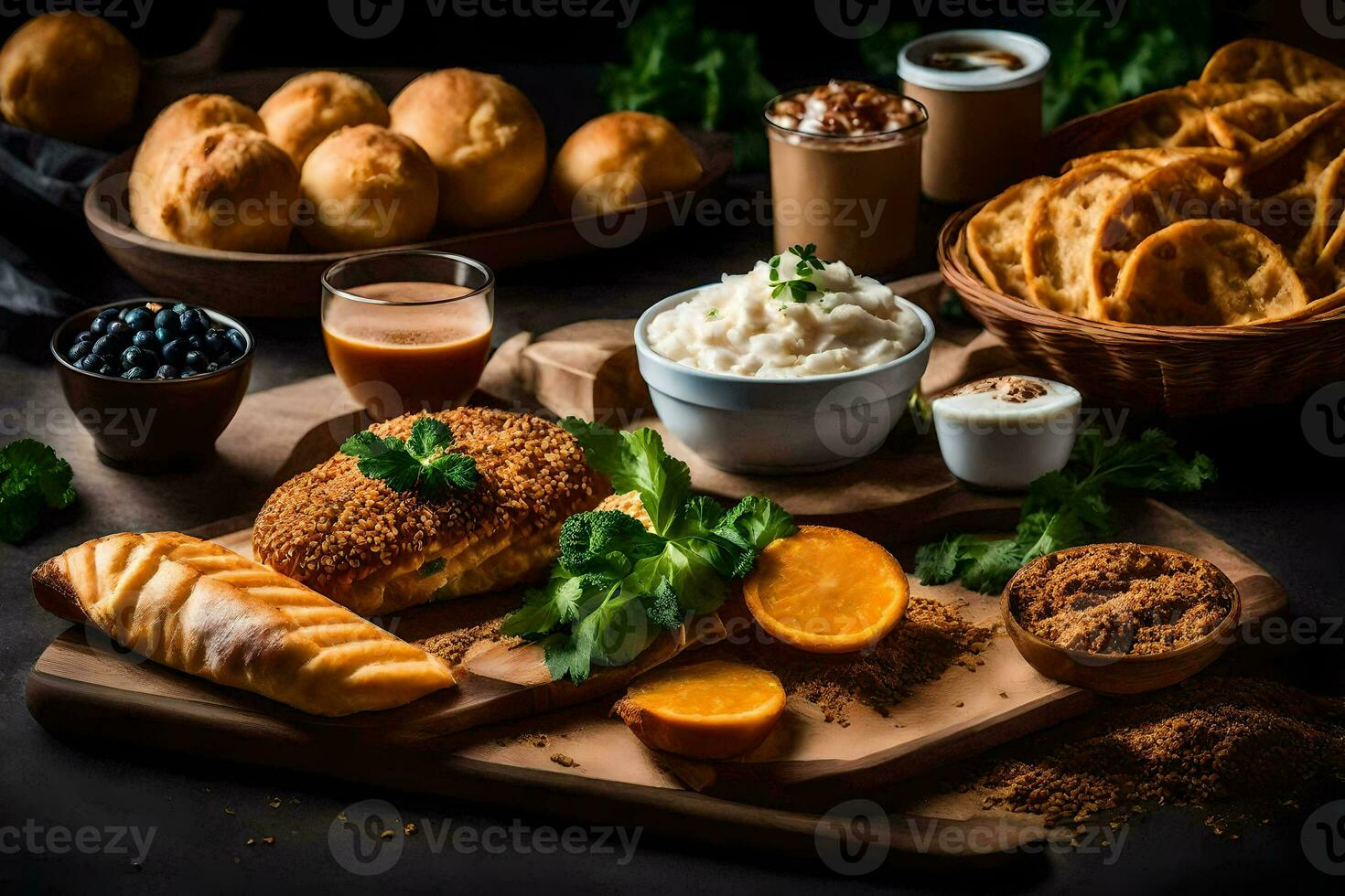 un de madera corte tablero con varios comidas en él. generado por ai foto