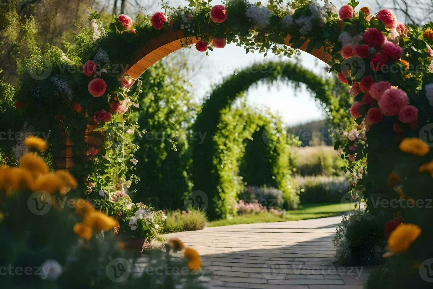 an archway with flowers and greenery. AI-Generated photo