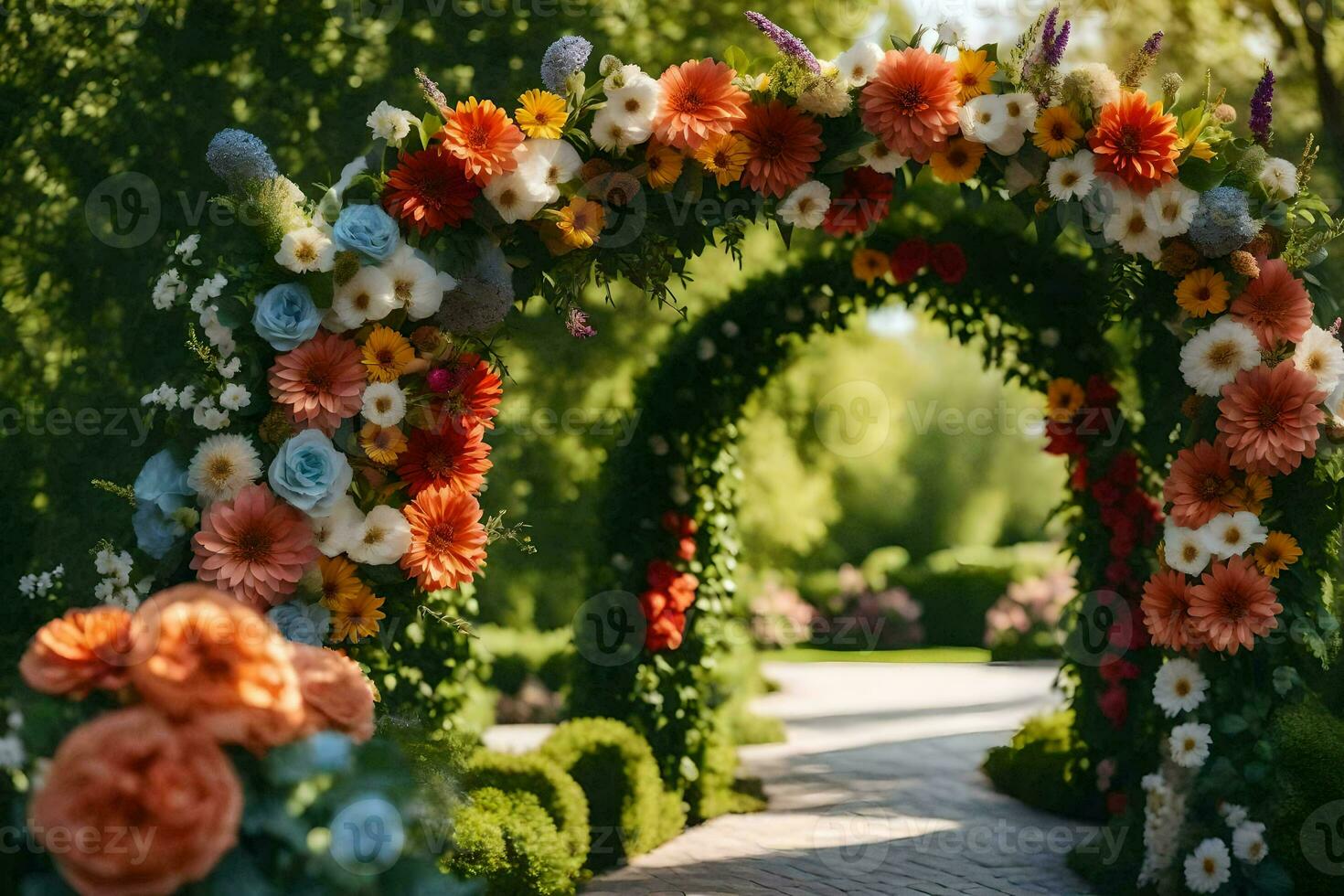 a flower archway is decorated with colorful flowers. AI-Generated photo