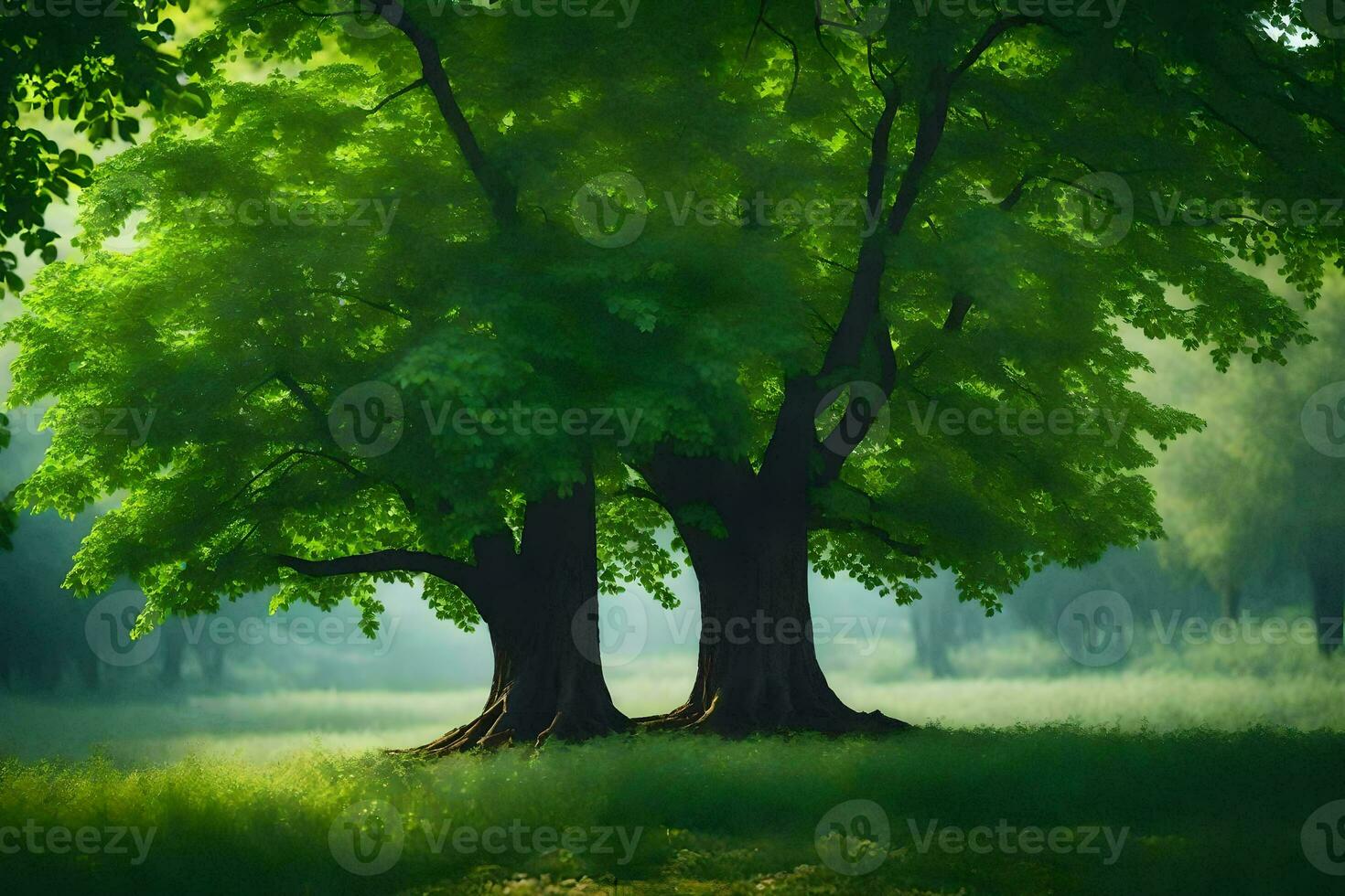 two trees in the middle of a green field. AI-Generated photo