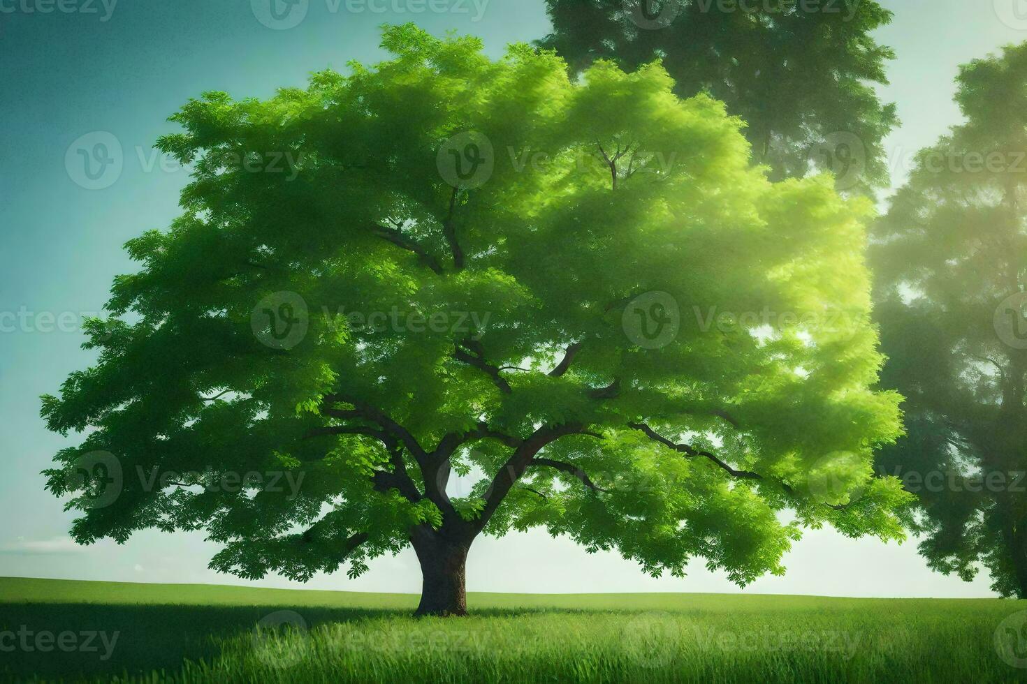 a tree in a field with the sun shining through it. AI-Generated photo